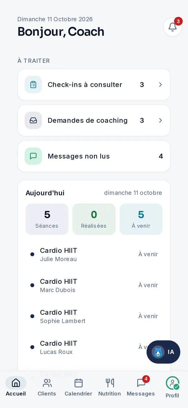 Tableau de bord coach de The Advanced Coaching sur smartphone